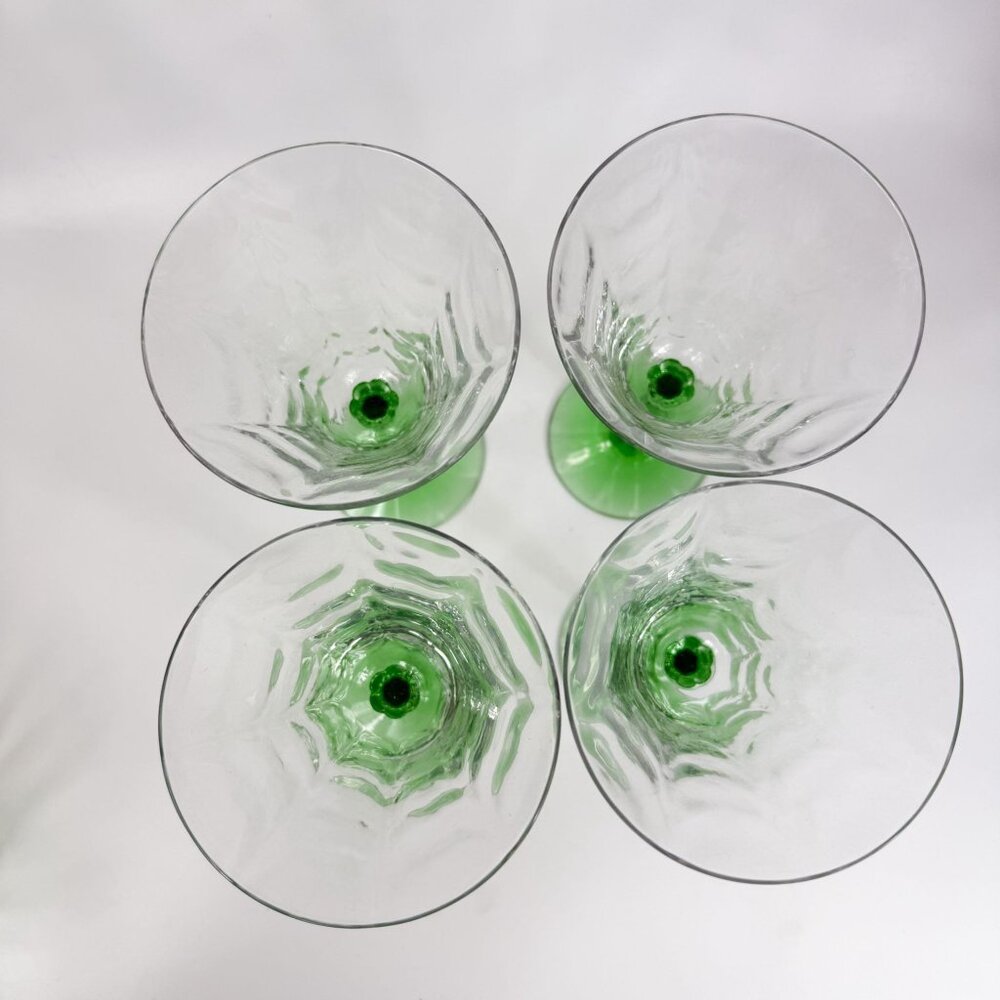 Fostoria Glass 6004 Uranium Green Stem Loop Optic Clear Water Goblets Set of 4 - Picture 3 of 6